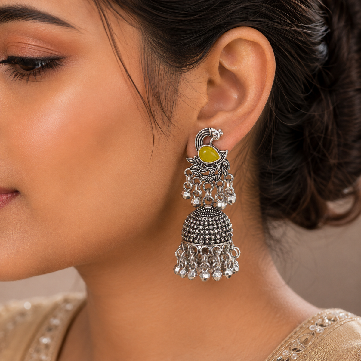 Green Stone Oxidised Silver Jhumka Earrings for Women  SEO Description