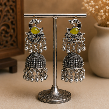 Green Stone Oxidised Silver Jhumka Earrings for Women  SEO Description