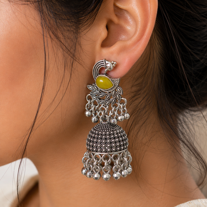 Green Stone Oxidised Silver Jhumka Earrings for Women  SEO Description