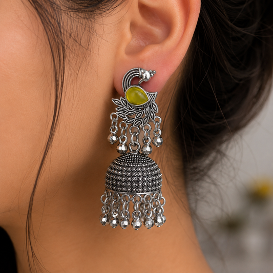 Green Stone Oxidised Silver Jhumka Earrings for Women  SEO Description