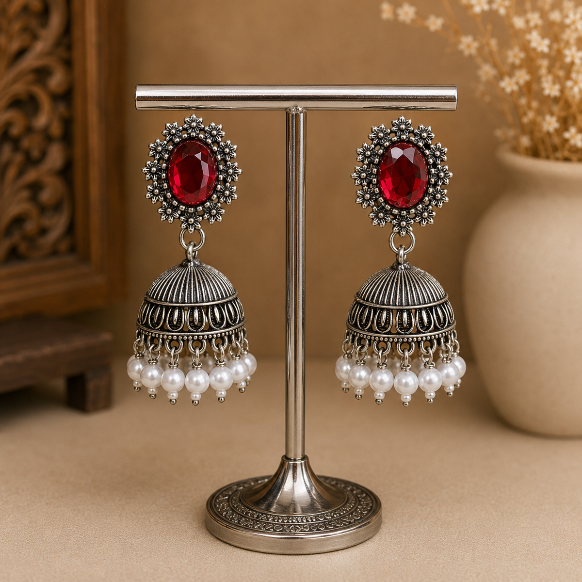Red Stone Oxidised Silver Pearl Jhumka Earrings for Women