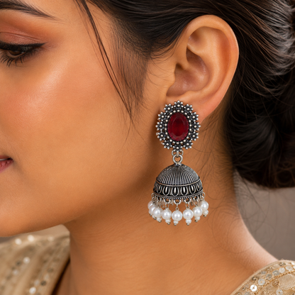 Red Stone Oxidised Silver Pearl Jhumka Earrings for Women