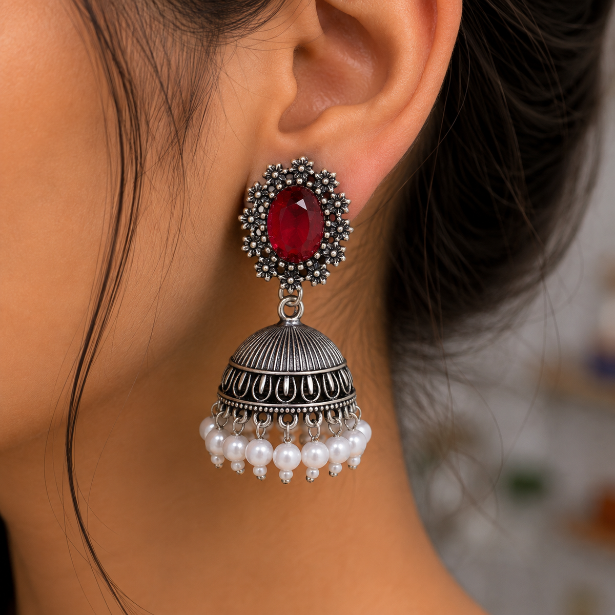 Red Stone Oxidised Silver Pearl Jhumka Earrings for Women