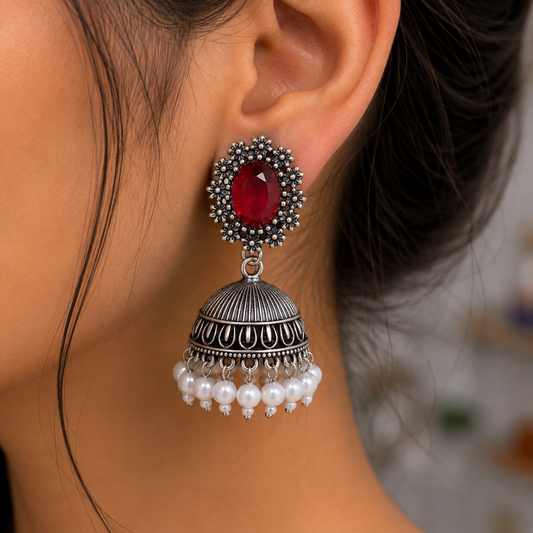Red Stone Oxidised Silver Pearl Jhumka Earrings for Women