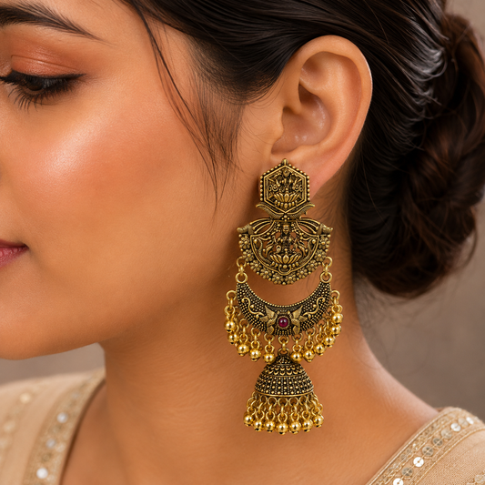 Antique Gold Lakshmi Temple Jhumka Earrings for Women