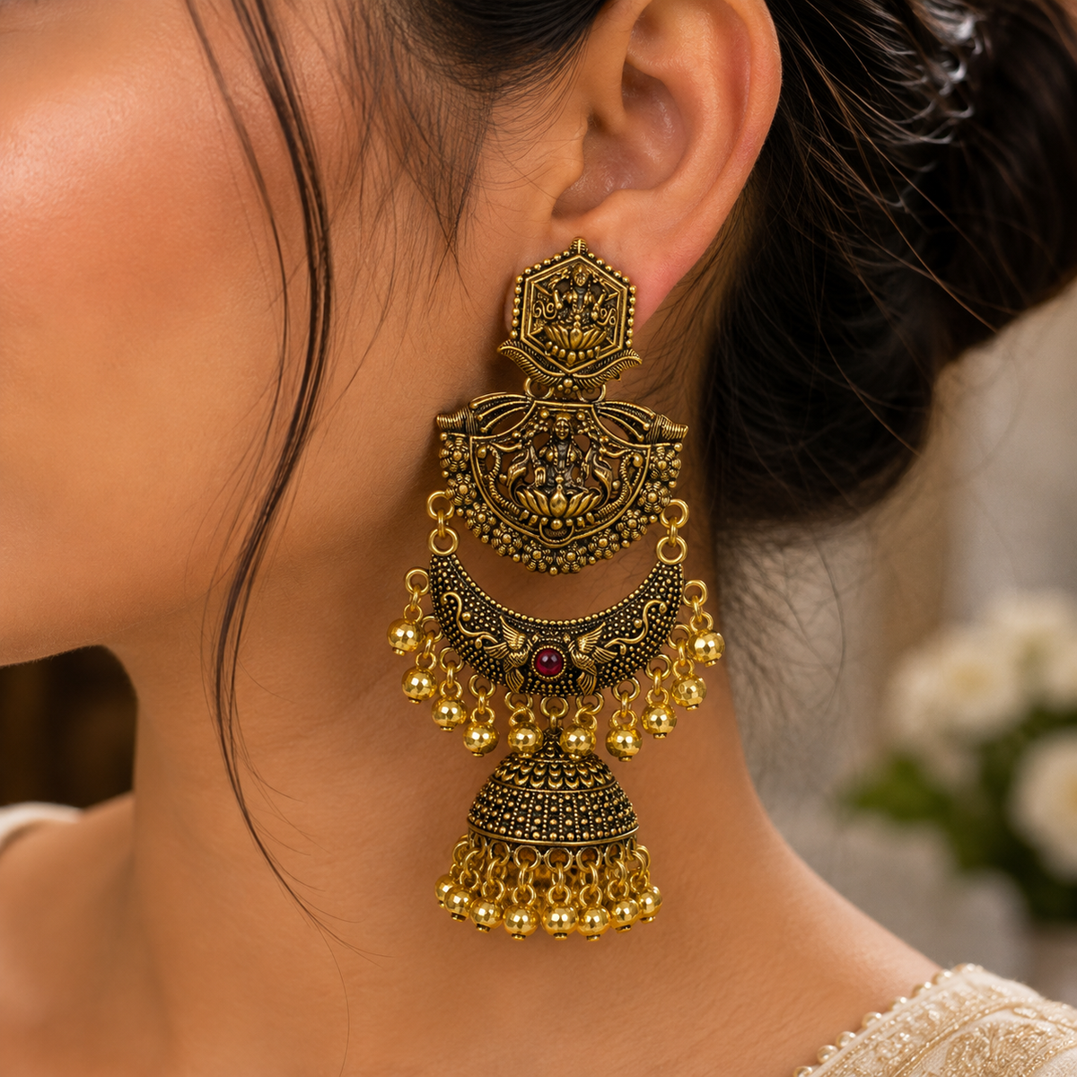 Antique Gold Lakshmi Temple Jhumka Earrings for Women