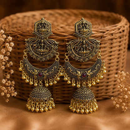 Antique Gold Lakshmi Temple Jhumka Earrings for Women