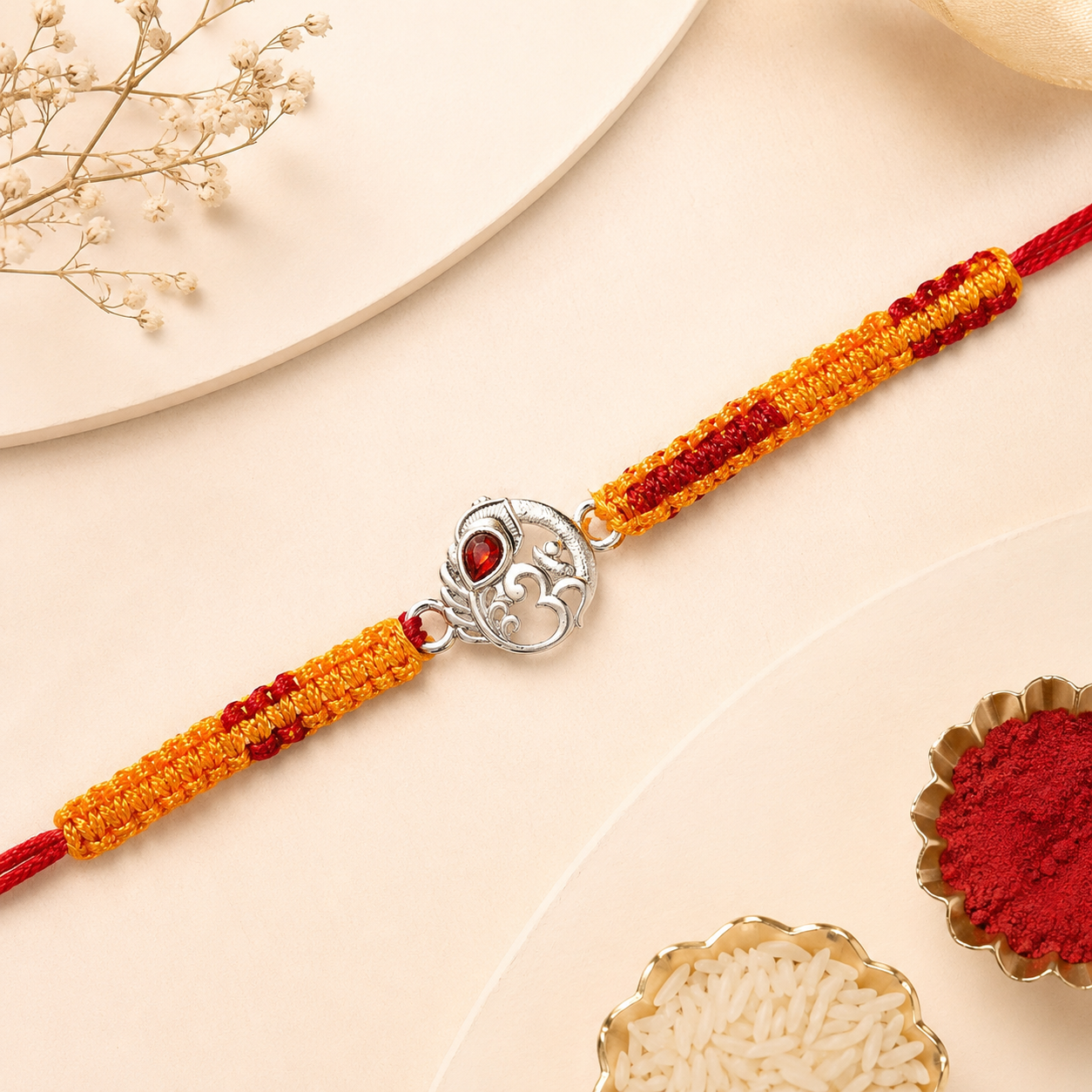 Om Silver Designer Rakhi with Red Stone | Premium Handmade Raksha Bandhan Rakhi