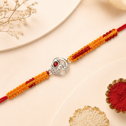Om Silver Designer Rakhi with Red Stone | Premium Handmade Raksha Bandhan Rakhi