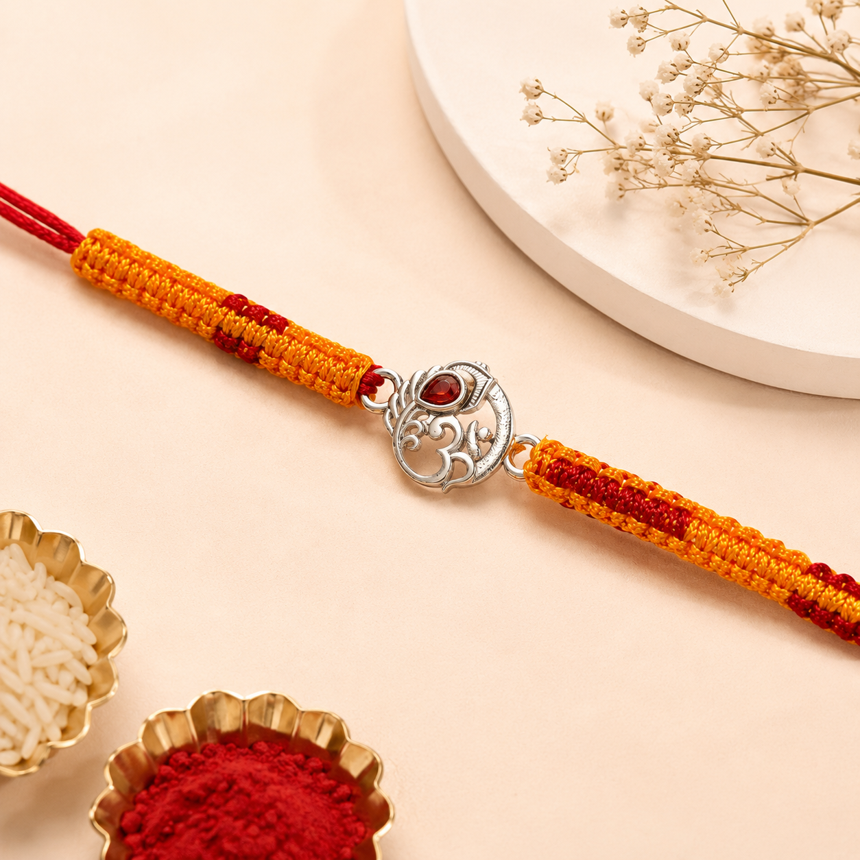 Om Silver Designer Rakhi with Red Stone | Premium Handmade Raksha Bandhan Rakhi