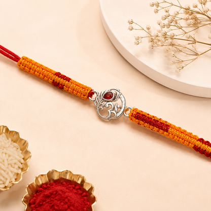 Om Silver Designer Rakhi with Red Stone | Premium Handmade Raksha Bandhan Rakhi