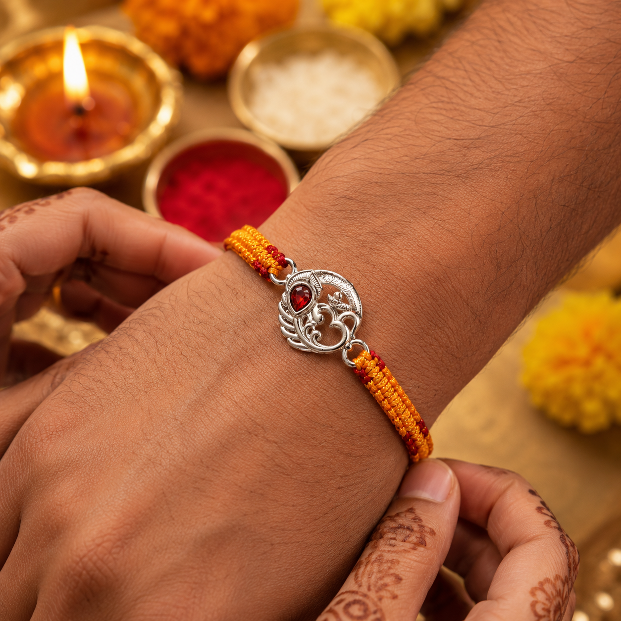 Om Silver Designer Rakhi with Red Stone | Premium Handmade Raksha Bandhan Rakhi