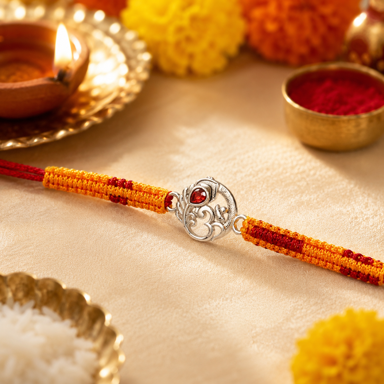 Om Silver Designer Rakhi with Red Stone | Premium Handmade Raksha Bandhan Rakhi