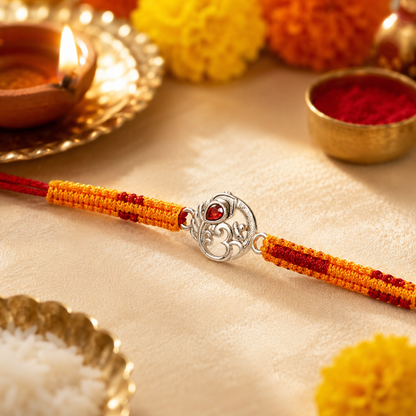 Om Silver Designer Rakhi with Red Stone | Premium Handmade Raksha Bandhan Rakhi