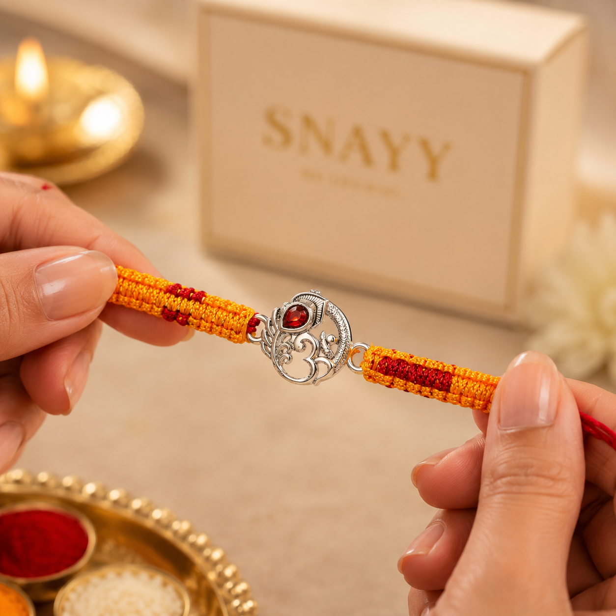 Om Silver Designer Rakhi with Red Stone | Premium Handmade Raksha Bandhan Rakhi