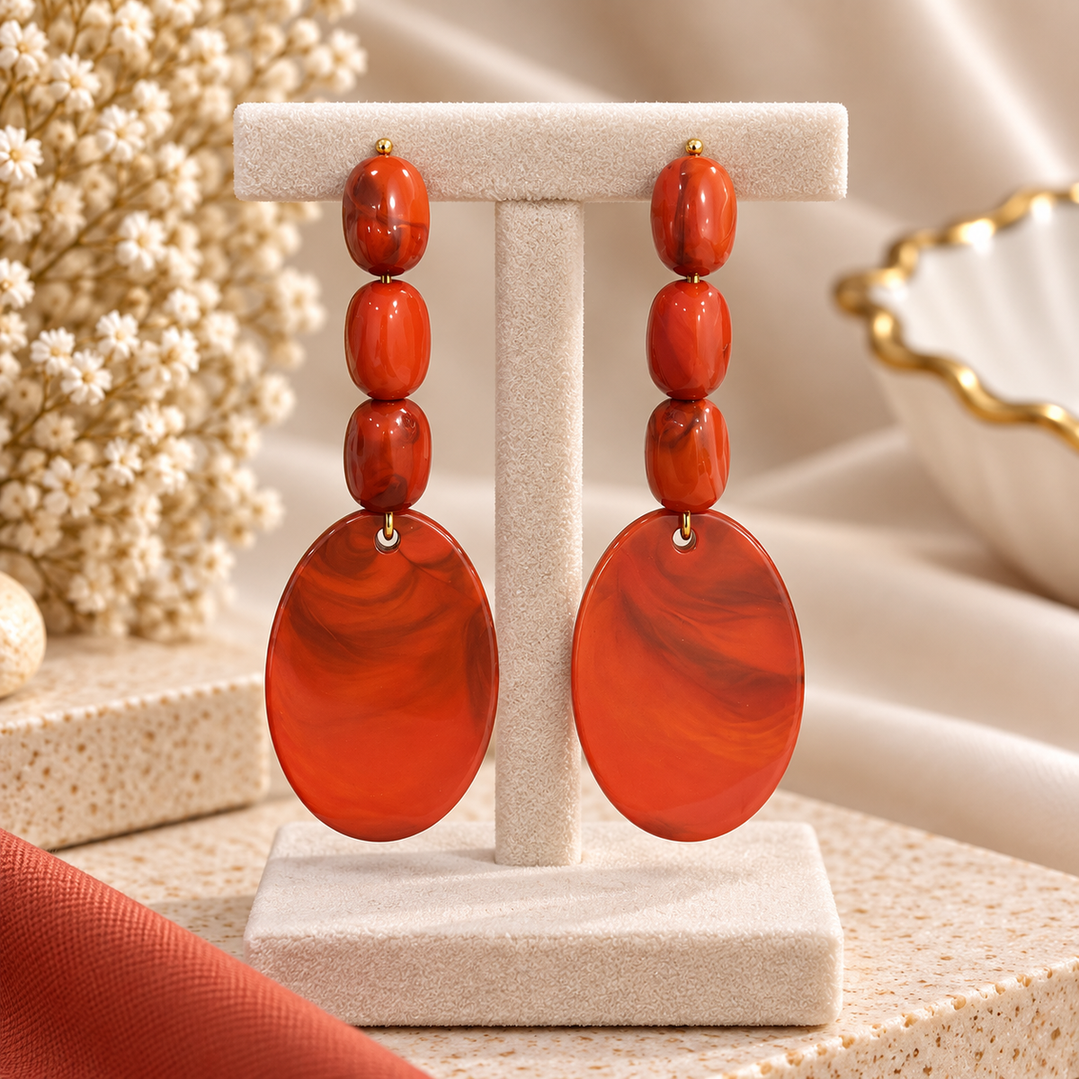 Rust Red Marble Oval Drop Earrings for Women | Elegant Beaded Statement Earrings