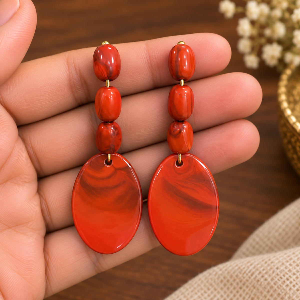 Rust Red Marble Oval Drop Earrings for Women | Elegant Beaded Statement Earrings