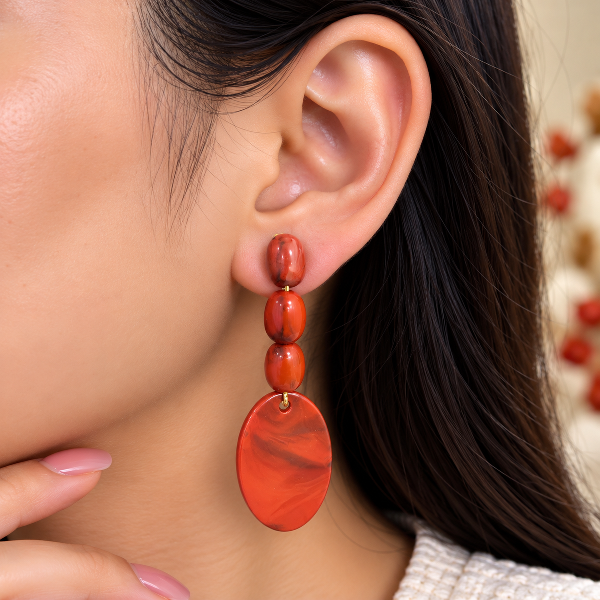 Rust Red Marble Oval Drop Earrings for Women | Elegant Beaded Statement Earrings