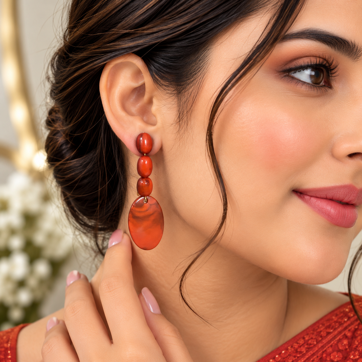 Rust Red Marble Oval Drop Earrings for Women | Elegant Beaded Statement Earrings