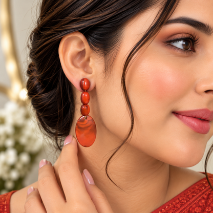 Rust Red Marble Oval Drop Earrings for Women | Elegant Beaded Statement Earrings