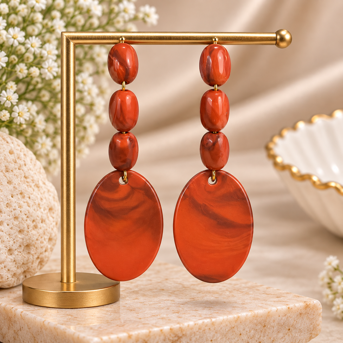 Rust Red Marble Oval Drop Earrings for Women | Elegant Beaded Statement Earrings