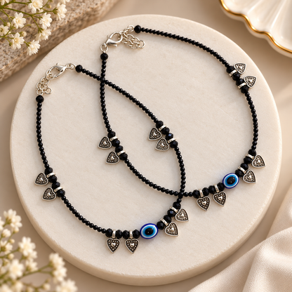 Black Beaded Evil Eye Anklet Pair with Heart Charms