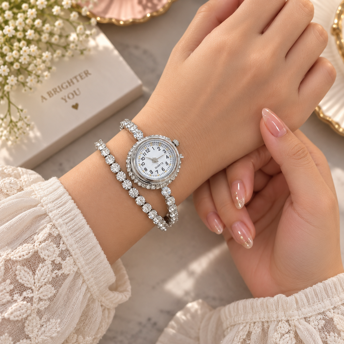 Elegant Silver Diamond Studded Bracelet Watch for Women