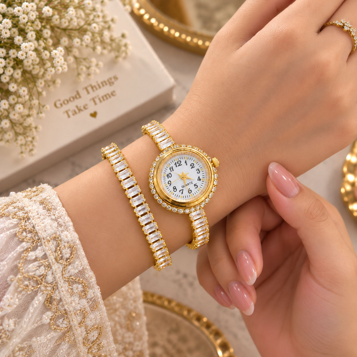 Golden Diamond Bracelet Watch for Women