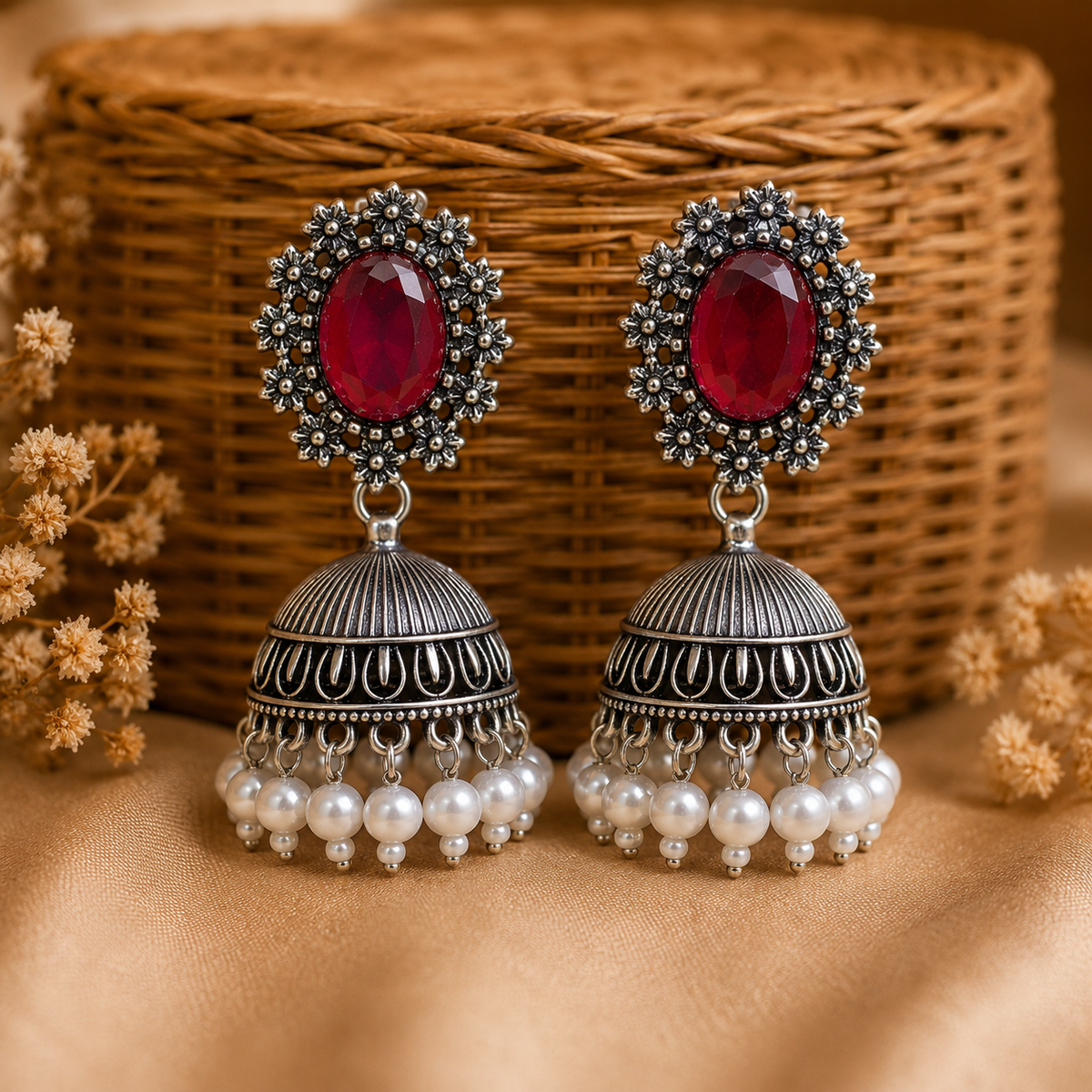 Red Stone Oxidised Silver Pearl Jhumka Earrings for Women