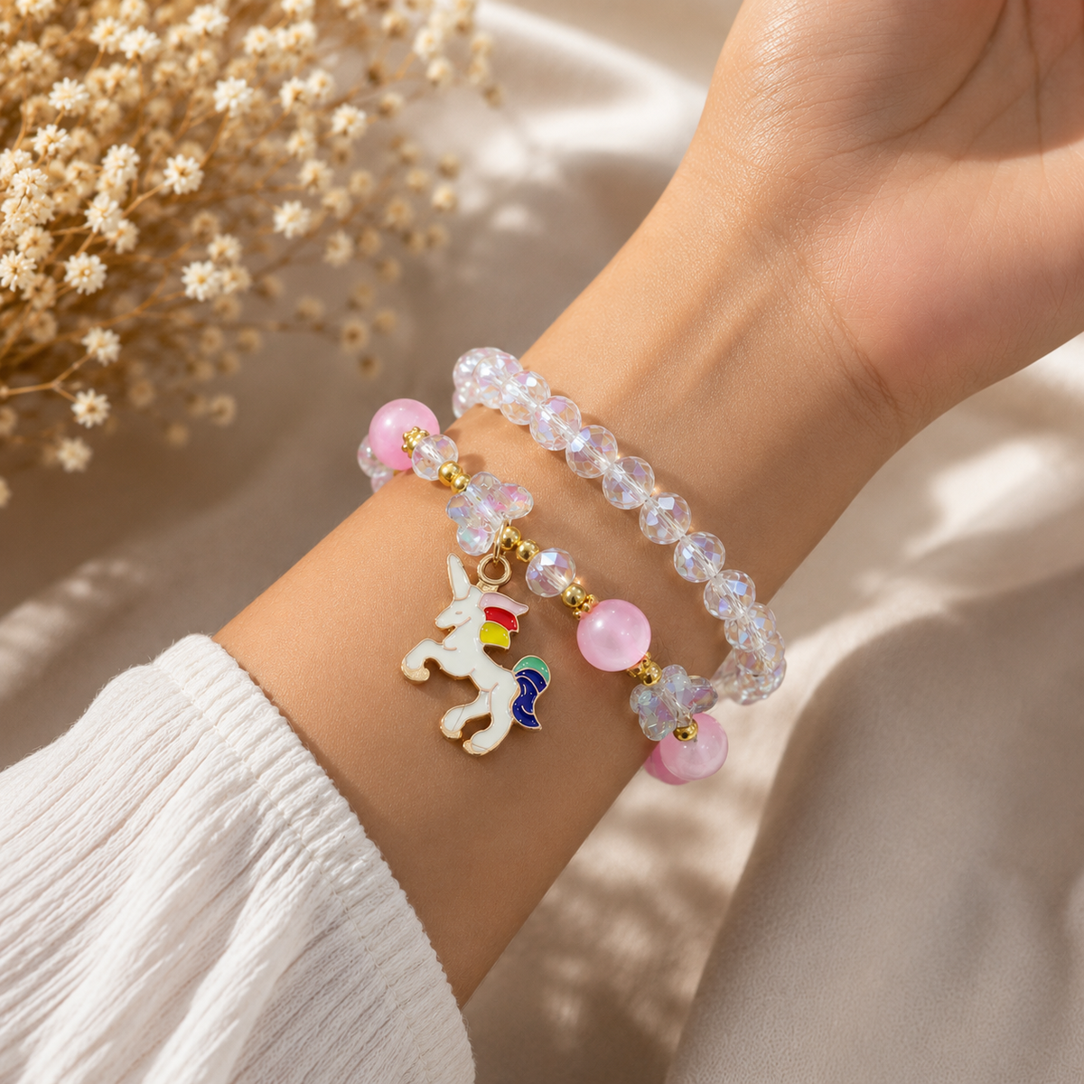 Cute Unicorn Charm Beaded Bracelet for Girls | Pink & Crystal Beads Fashion Jewellery
