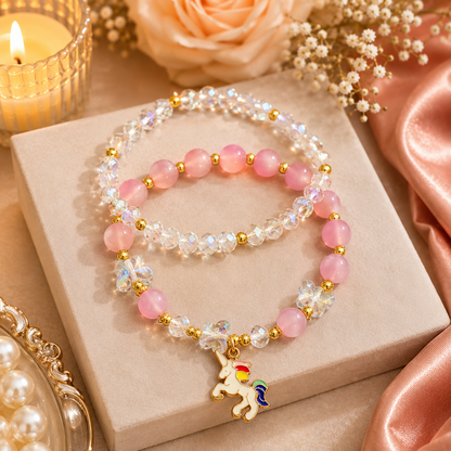 Cute Unicorn Charm Beaded Bracelet for Girls | Pink & Crystal Beads Fashion Jewellery