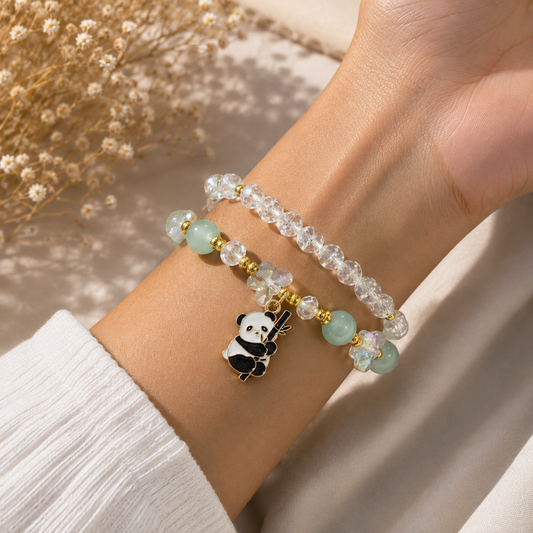 Cute Panda Charm Beaded Bracelet for Girls & Women | Green & Crystal Beads Fashion Jewellery