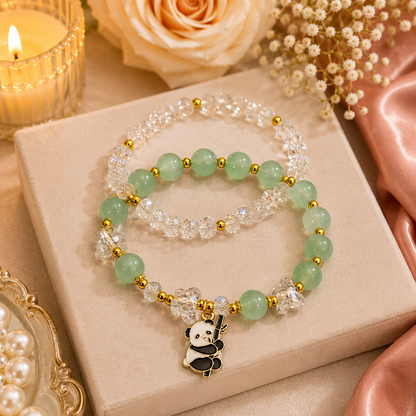 Cute Panda Charm Beaded Bracelet for Girls & Women | Green & Crystal Beads Fashion Jewellery