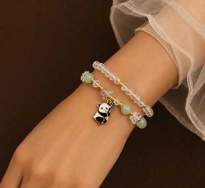 Cute Panda Charm Beaded Bracelet for Girls & Women | Green & Crystal Beads Fashion Jewellery