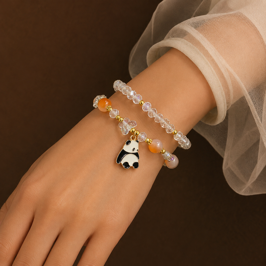 Cute Panda Charm Beaded Bracelet for Girls & Women | Orange Beads & Crystal Bracelet