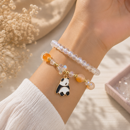 Cute Panda Charm Beaded Bracelet for Girls & Women | Orange Beads & Crystal Bracelet