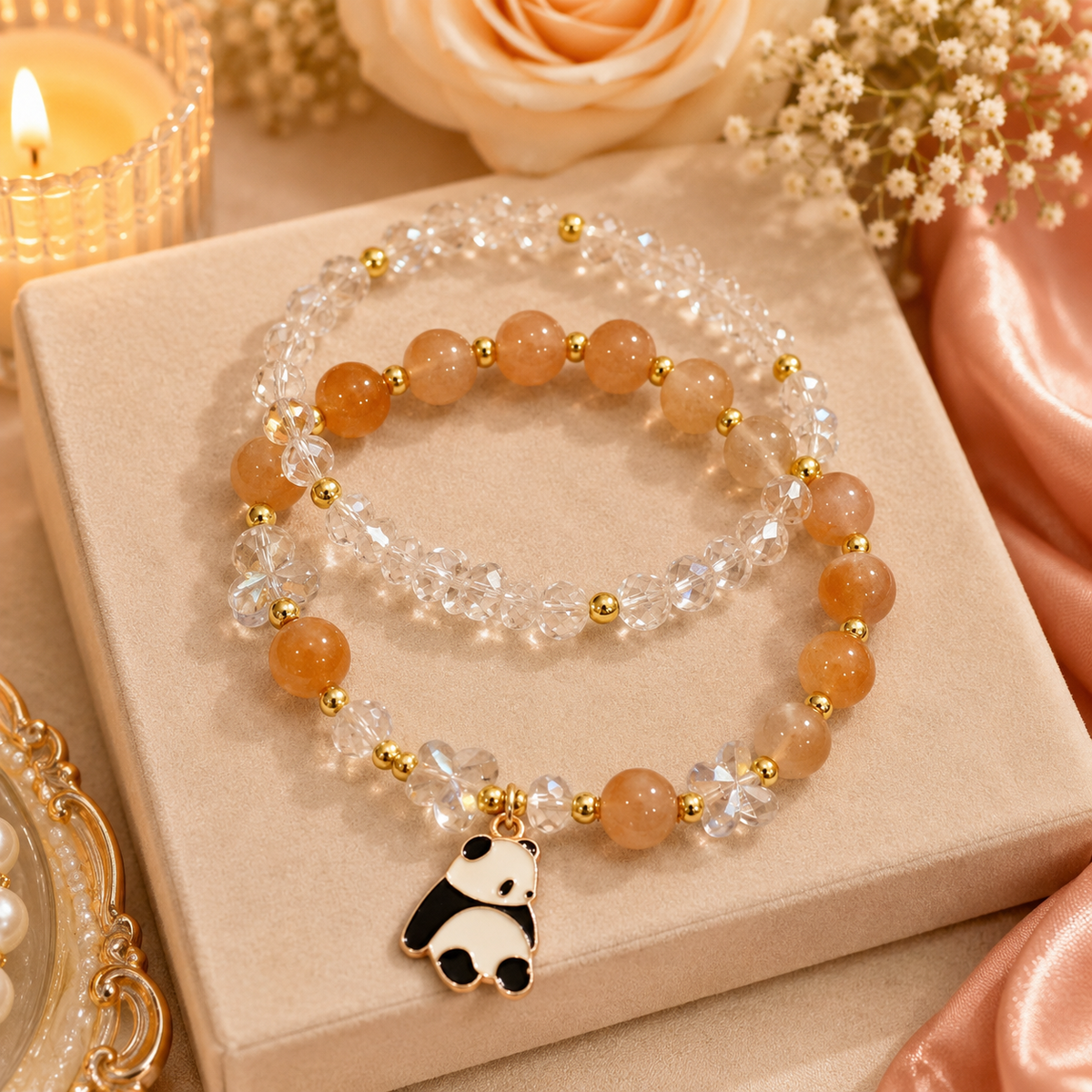 Cute Panda Charm Beaded Bracelet for Girls & Women | Orange Beads & Crystal Bracelet
