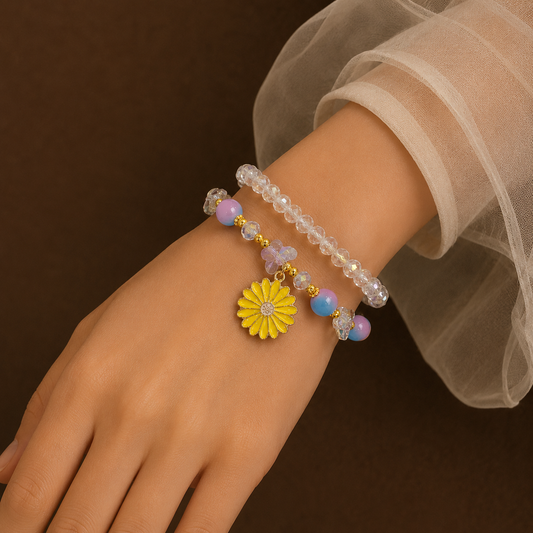Blue Purple Beaded Bracelet with Flower Charm