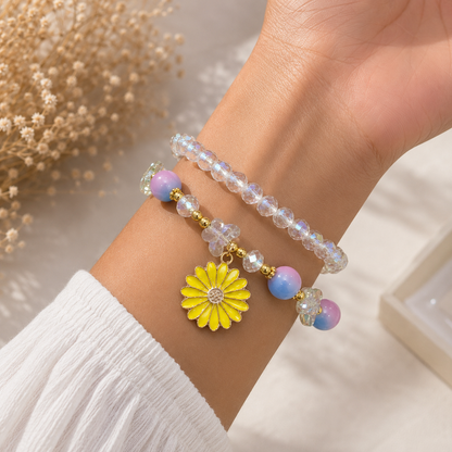 Blue Purple Beaded Bracelet with Flower Charm