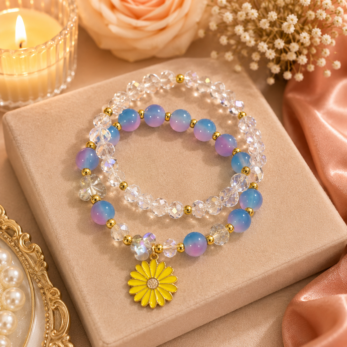 Blue Purple Beaded Bracelet with Flower Charm