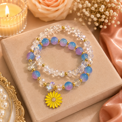 Blue Purple Beaded Bracelet with Flower Charm