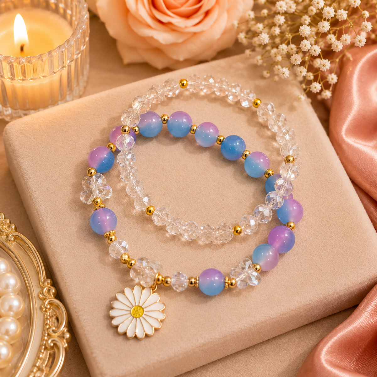 Blue & Purple Beaded Flower Bracelet