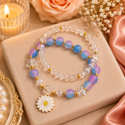 Blue & Purple Beaded Flower Bracelet