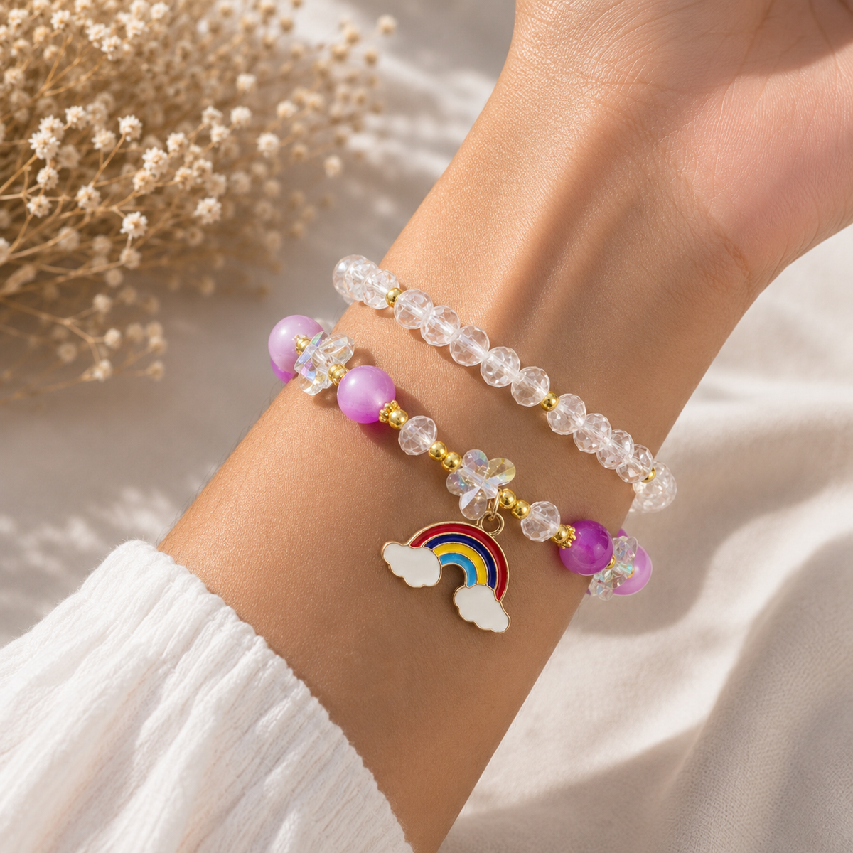 Purple Rainbow Charm Beaded Bracelet